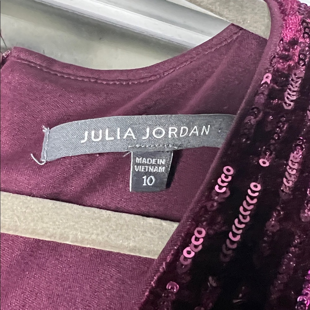 JULIA JORDAN Velvet Ribbing Foil Long Sleeve Dress Wine Red Faux Wrap, Size: 10 - Picture 8 of 8